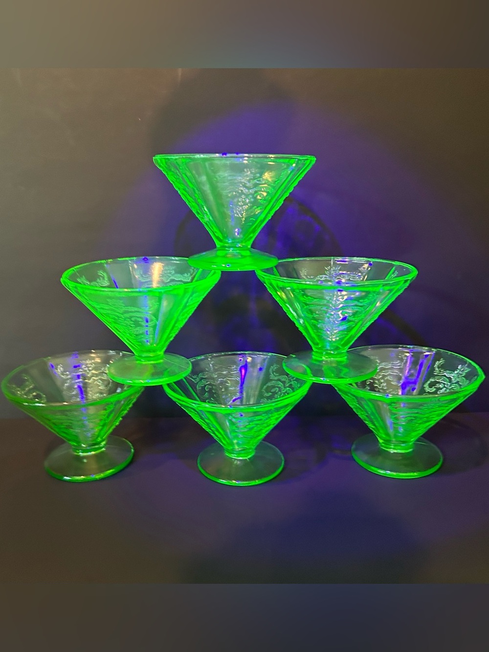 Federal Glass Madrid Uranium Footed Sherbet Dishes Set Of 6